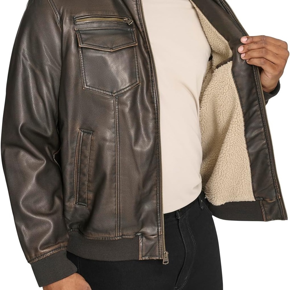 Levi's Dark Brown Faux Leather Sherpa Lined Bomber Biker Jacket Size Small - Picture 4 of 14